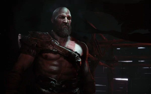 HD desktop wallpaper featuring Kratos from God of War (2018) video game, showcasing his muscular build and intense expression in a dark, atmospheric setting.