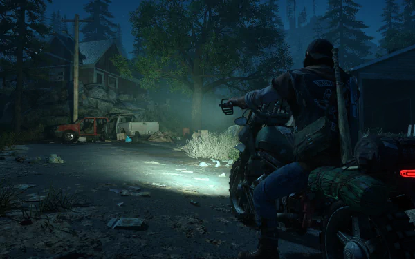 An HD desktop wallpaper from the video game Days Gone, featuring a biker in a dimly lit, post-apocalyptic setting with abandoned vehicles and a haunting atmosphere.
