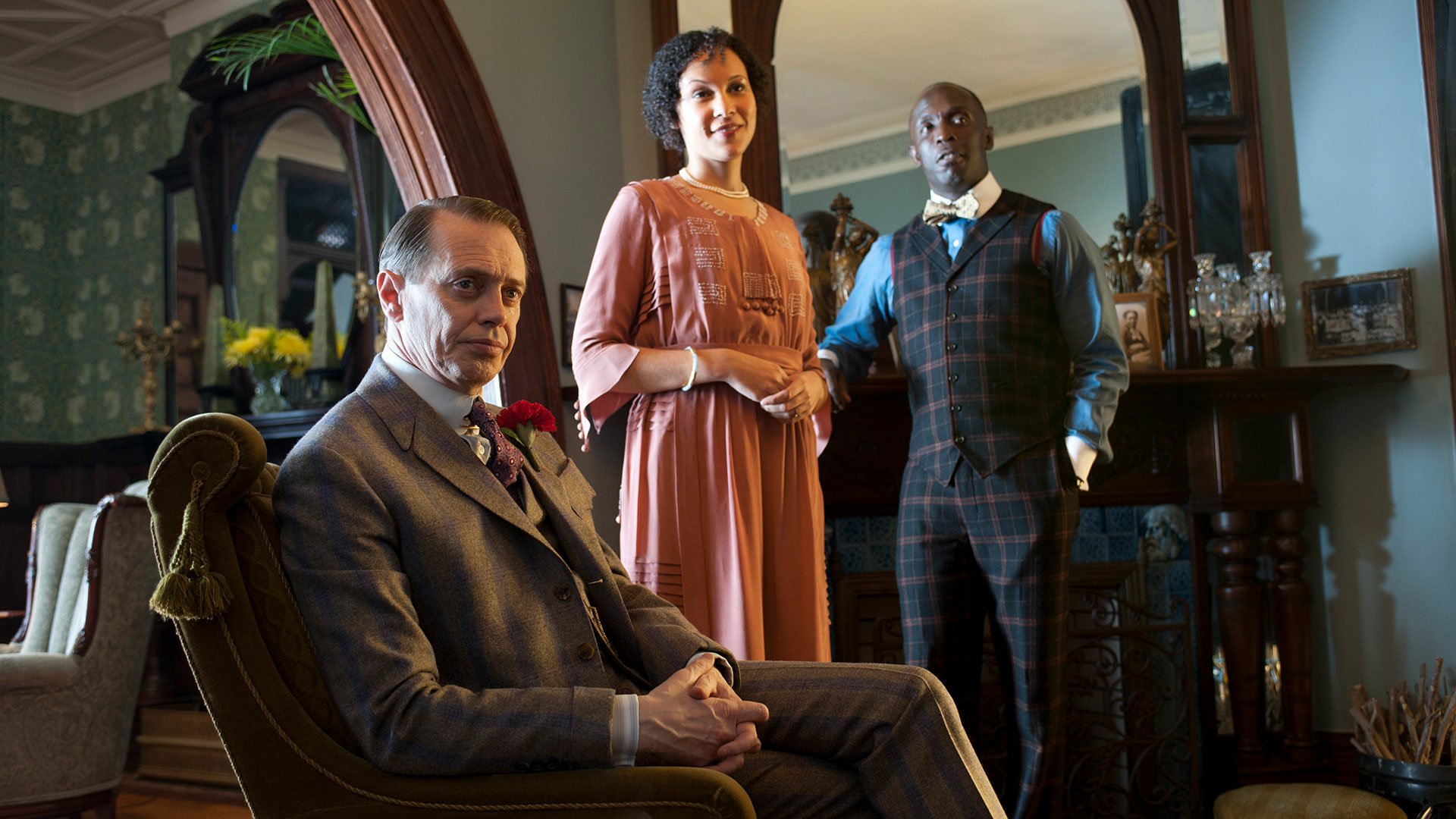 HD PC desktop wallpaper featuring characters from the TV show Boardwalk Empire in a vintage, elegant room setting.