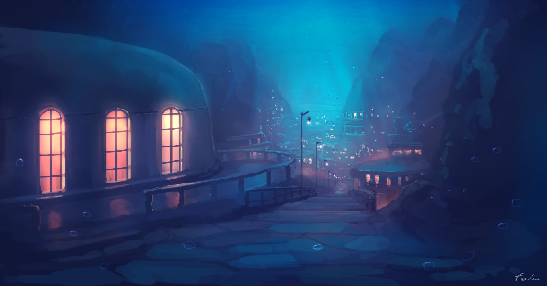 A tranquil anime-inspired HD desktop wallpaper depicting a serene, illuminated village at dusk, surrounded by rocky cliffs and a deep blue atmosphere.
