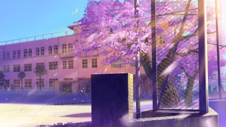 A vibrant anime-inspired HD wallpaper featuring a school surrounded by blossoming purple trees, creating a serene and colorful atmosphere.