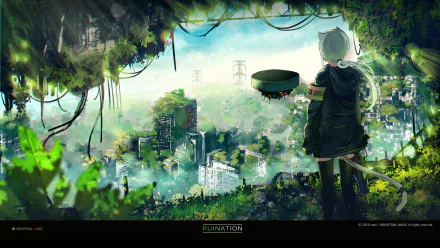 A captivating HD anime wallpaper featuring a character with cat ears gazing over a lush, post-apocalyptic cityscape, surrounded by greenery and futuristic elements.