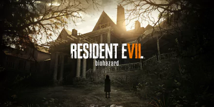 HD desktop wallpaper featuring the eerie mansion setting from Resident Evil 7: Biohazard, with the game's title prominently displayed in the center.