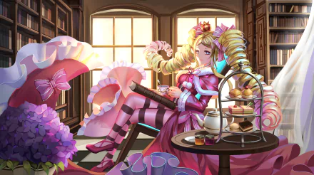 Beatrice from Re:ZERO lounges in a cozy library setting, surrounded by books and a tea set, showcasing her elegant pink dress and playful expression in this HD anime wallpaper.