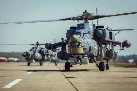HD PC desktop wallpaper featuring military Mil Mi-28 helicopters lined up on an airfield under clear skies.
