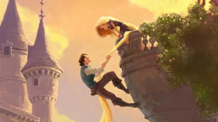 A vibrant HD desktop wallpaper from the movie Tangled, featuring Rapunzel and Flynn Rider as they share a moment by a castle balcony against a warm sunset backdrop.