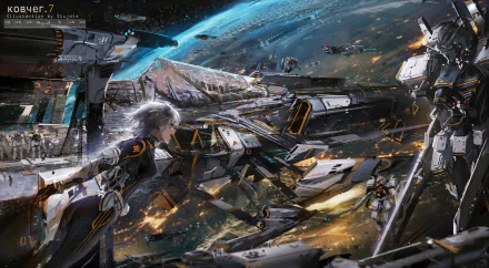 A stunning HD desktop wallpaper featuring an original anime-inspired mecha scene set in space, with dynamic characters and intricate spacecraft amidst cosmic action.