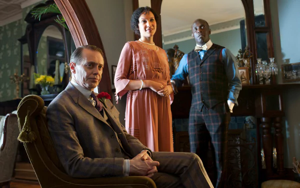 HD PC desktop wallpaper featuring characters from the TV show Boardwalk Empire in a vintage, elegant room setting.