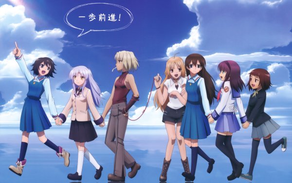 Anime Crossover Kanade Tachibana Yuri Nakamura Aiko Andou Noe Isurugi Maria Oosawa Hiromi Yuasa Angel Beats! True Tears Canaan HD Wallpaper | Background Image