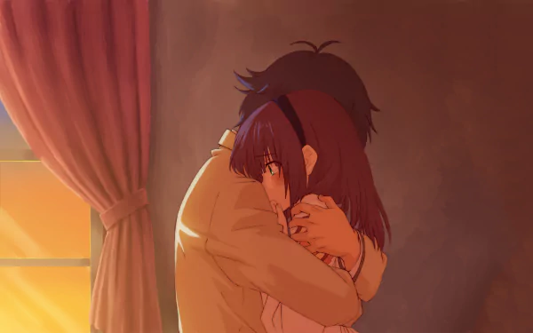 Yuri Nakamura from Angel Beats! embraces a companion in this HD desktop wallpaper, capturing a poignant moment bathed in warm light.