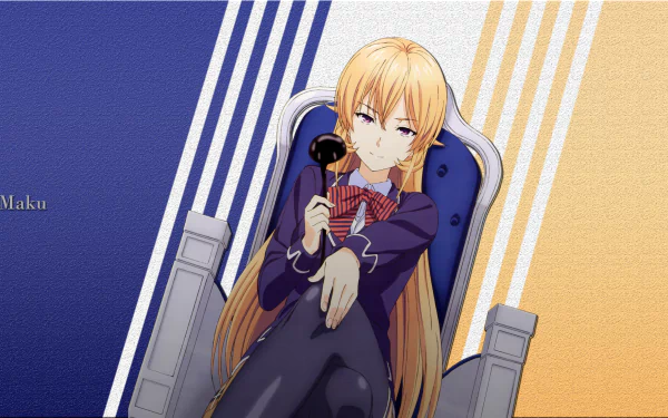 Erina Nakiri, a character from the anime Food Wars: Shokugeki no Soma, is depicted in a stylish HD wallpaper, seated elegantly with a confident expression.