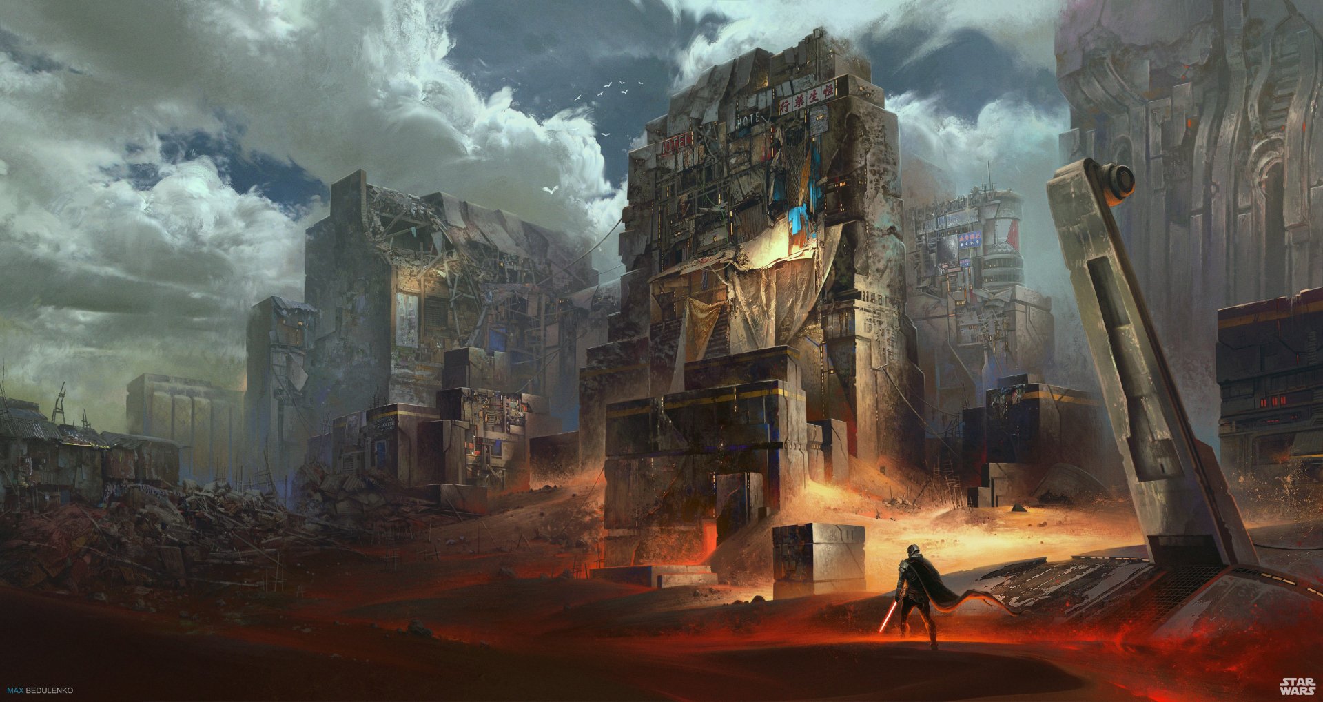 A sci-fi warrior wielding a lightsaber stands amidst the ruins of a futuristic building, set against a dramatic sky—a striking Star Wars-inspired desktop wallpaper.