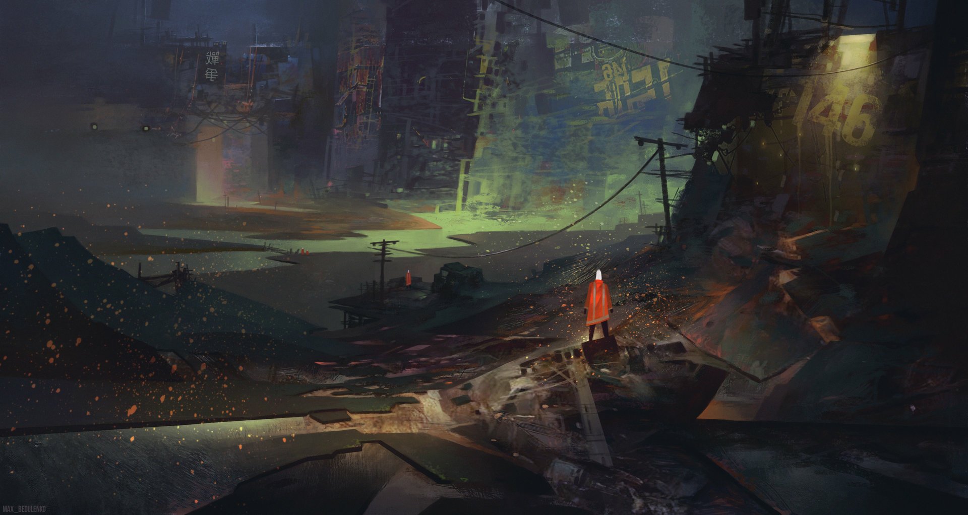 A sci-fi, post-apocalyptic city in ruin under a dark, moody sky, with scattered debris and a lone figure in an orange coat standing amidst the destruction.