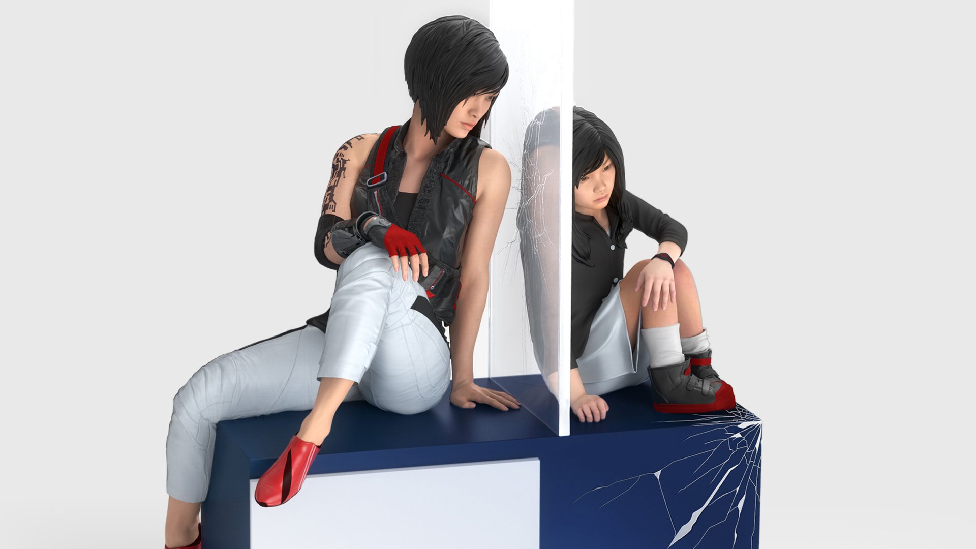 HD PC desktop wallpaper featuring a character from the video game Mirror's Edge Catalyst sitting beside her reflection in a cracked glass.