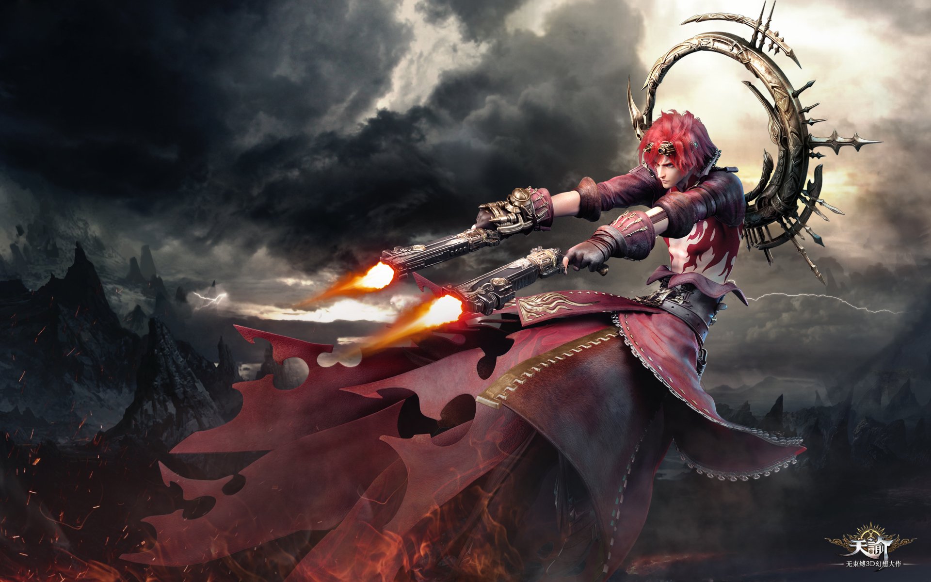 Revelation Online video game MMORPG 2K Quad HD PC desktop wallpaper/background: red‑haired caster in ornate garb firing twin blasts from a ringed halo against stormy mountain skies.