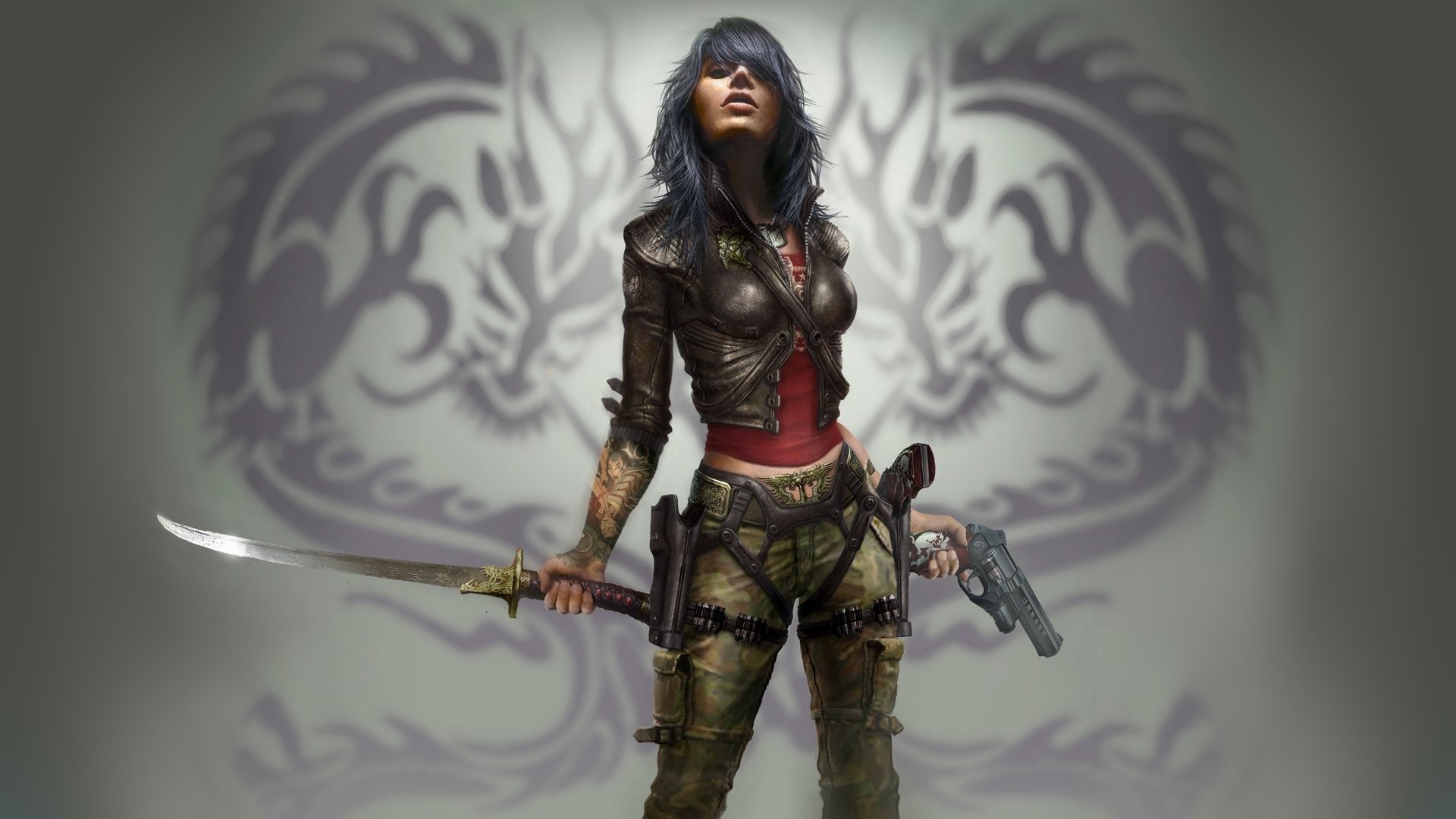 HD PC desktop wallpaper featuring the protagonist from the video game Wet, holding a katana and pistol with a stylized tribal background.