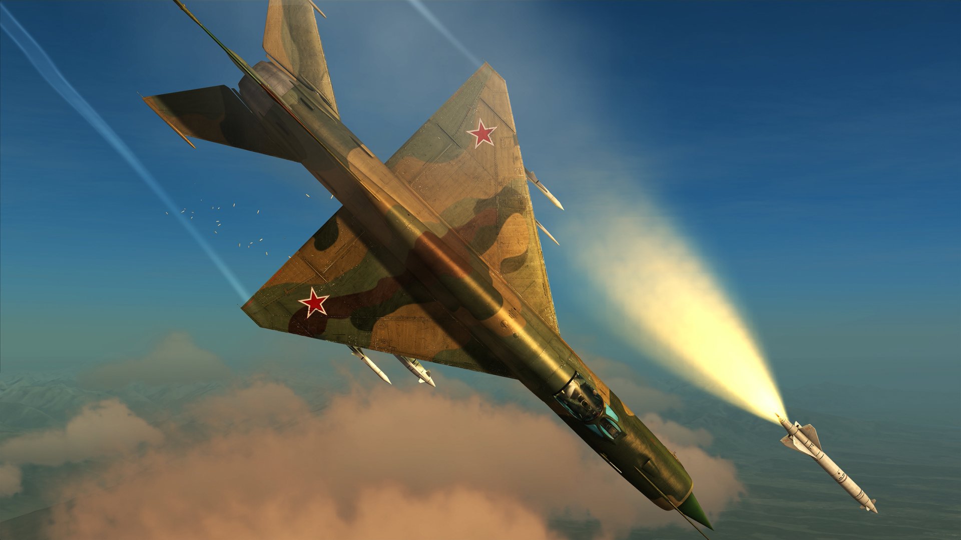 HD desktop wallpaper featuring a Mikoyan-Gurevich MiG-21 jet fighter warplane in military camouflage, soaring above clouds with a missile launched in a clear sky.