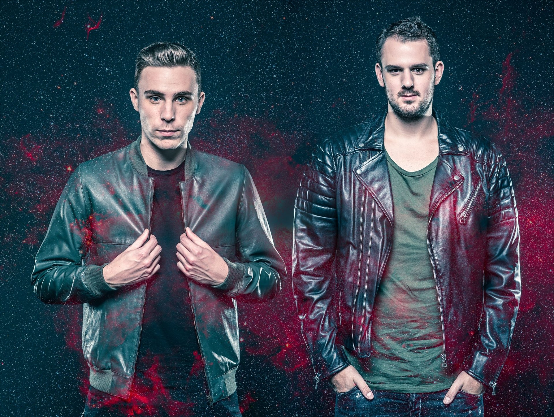HD PC desktop wallpaper featuring W&W, the renowned DJs, standing confidently against a dark, textured background with red accents, embodying a dynamic music vibe.