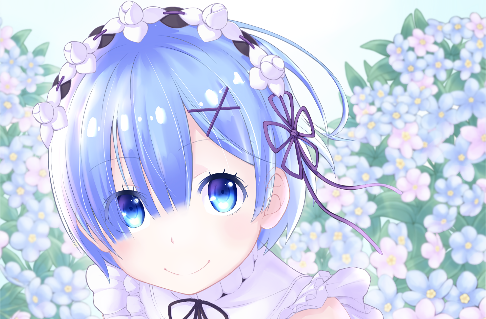 Anime character Rem from Re:Zero - Starting Life in Another World with blue eyes and short blue hair, adorned with a flower headpiece, amidst a backdrop of blue and white flowers. HD desktop wallpaper.