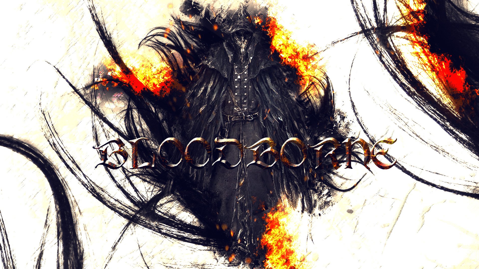 HD PC desktop wallpaper featuring Eileen the Crow from the video game Bloodborne, with dark, fiery artwork and the Bloodborne logo prominently displayed.