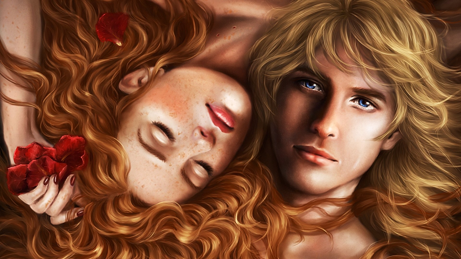 A romantic, artistic depiction of a couple intertwined, surrounded by flowers, capturing the essence of love. This HD wallpaper adds a vivid touch to your desktop background.