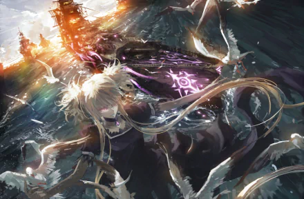 HD wallpaper featuring Kongou from Arpeggio of Blue Steel, blending dynamic ocean elements with ethereal visuals, capturing the essence of the anime's vibrant world.