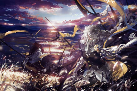 Anime HD PC desktop wallpaper/background — Pixiv Fantasia Fallen Kings: silver-haired armored warrior with sword amid windswept banners and a fiery sunset over a ruined battlefield.