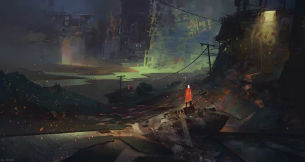 A sci-fi, post-apocalyptic city in ruin under a dark, moody sky, with scattered debris and a lone figure in an orange coat standing amidst the destruction.