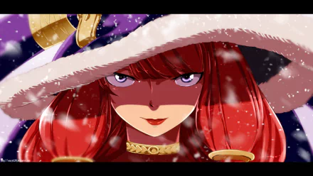 Vibrant HD wallpaper featuring Irene Belserion from the anime Fairy Tail, showcasing her striking expression and distinctive red hair against a snowy backdrop.