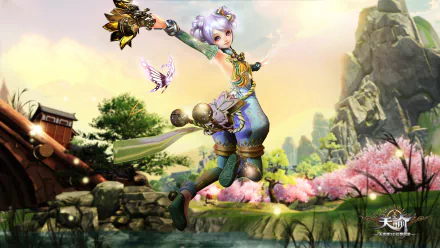 HD desktop wallpaper from the video game Revelation Online featuring a dynamic character mid-jump in a vibrant, scenic environment with cherry blossoms and mountains.