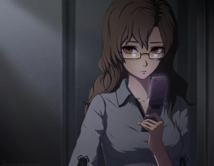 A character from Steins;Gate, Moeka Kiryū, has long brown hair and glasses, holding a phone, with a serious expression in a dimly lit setting. HD smartphone wallpaper.