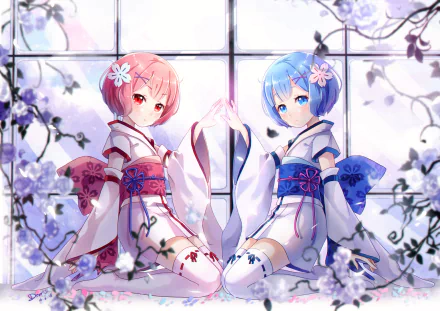 Anime HD wallpaper featuring Rem and Ram from Re:Zero - Starting Life in Another World, adorned in traditional outfits with blue and pink hair. The serene setting includes a background of flowers and a window.