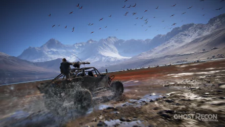 4K Ultra HD PC wallpaper featuring intense off-road action from the video game Tom Clancy’s Ghost Recon Wildlands with mountains and birds in the background.