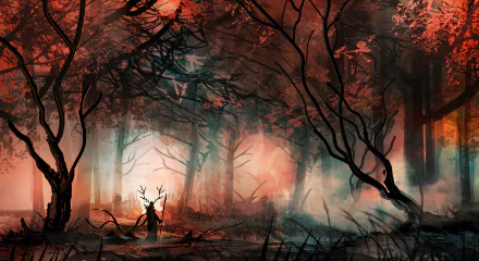 A mystical shaman stands among twisted trees in a vibrant, fantasy forest. The scene is alive with rich colors and an enchanting atmosphere, making it a captivating HD desktop wallpaper.
