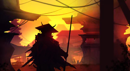 Silhouetted samurai warrior stands in a fantasy cityscape at sunset, captured in stunning 4K Ultra HD detail, blending ancient and mythical elements.