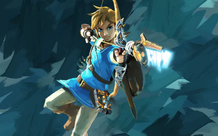 HD desktop wallpaper of Link from the video game The Legend of Zelda: Breath of the Wild, showcasing Link in action with a bow, set against a dynamic, blue-toned background.