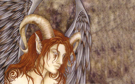Fantasy-themed HD desktop wallpaper depicting a demon with horns, pointed ears, angel wings, and intricate tattoos against a textured background.