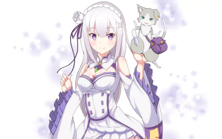 HD desktop wallpaper featuring Emilia from Re:ZERO - Starting Life in Another World, elegantly dressed with a playful cat companion against a soft, pastel background.