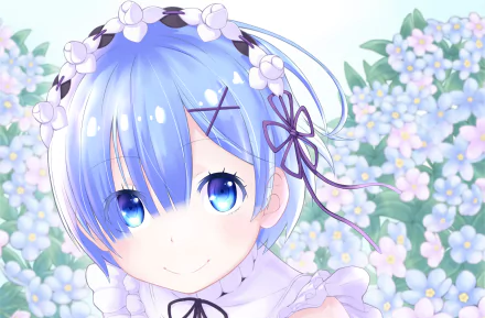 Anime character Rem from Re:Zero - Starting Life in Another World with blue eyes and short blue hair, adorned with a flower headpiece, amidst a backdrop of blue and white flowers. HD desktop wallpaper.