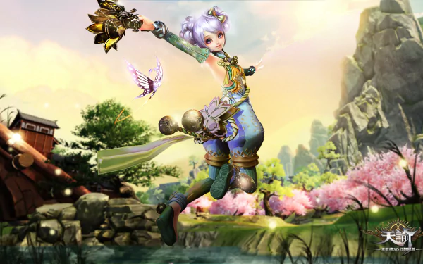 HD desktop wallpaper from the video game Revelation Online featuring a dynamic character mid-jump in a vibrant, scenic environment with cherry blossoms and mountains.
