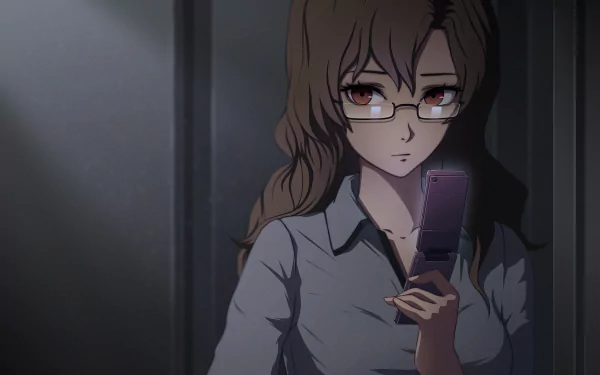 A character from Steins;Gate, Moeka Kiryū, has long brown hair and glasses, holding a phone, with a serious expression in a dimly lit setting. HD smartphone wallpaper.
