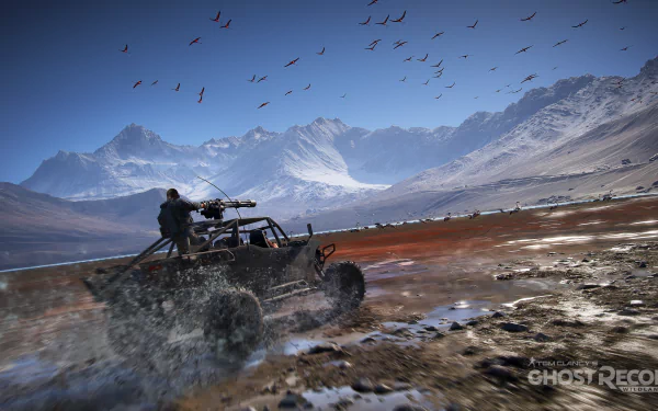 4K Ultra HD PC wallpaper featuring intense off-road action from the video game Tom Clancy’s Ghost Recon Wildlands with mountains and birds in the background.