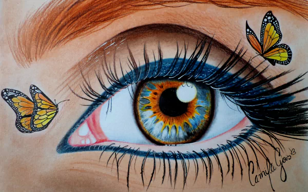 HD desktop wallpaper featuring a close-up of an eye with artistic, colorful makeup and two vibrant butterflies resting nearby.