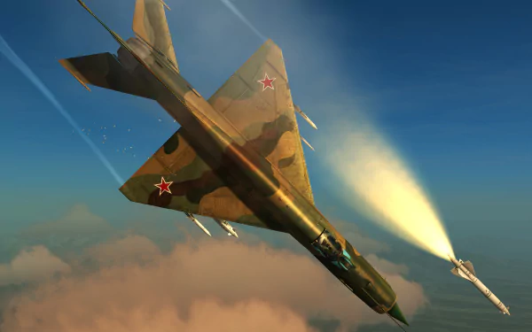 HD desktop wallpaper featuring a Mikoyan-Gurevich MiG-21 jet fighter warplane in military camouflage, soaring above clouds with a missile launched in a clear sky.