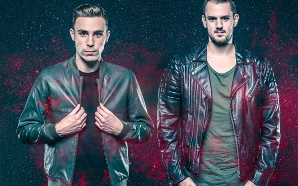 HD PC desktop wallpaper featuring W&W, the renowned DJs, standing confidently against a dark, textured background with red accents, embodying a dynamic music vibe.