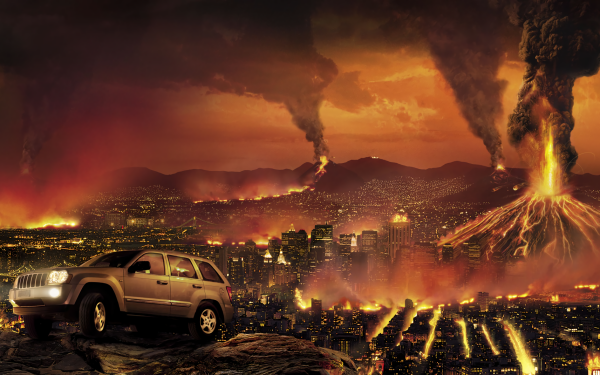 Sci Fi Apocalyptic Apocalypse City Car Volcano Fire Smoke HD Wallpaper | Background Image