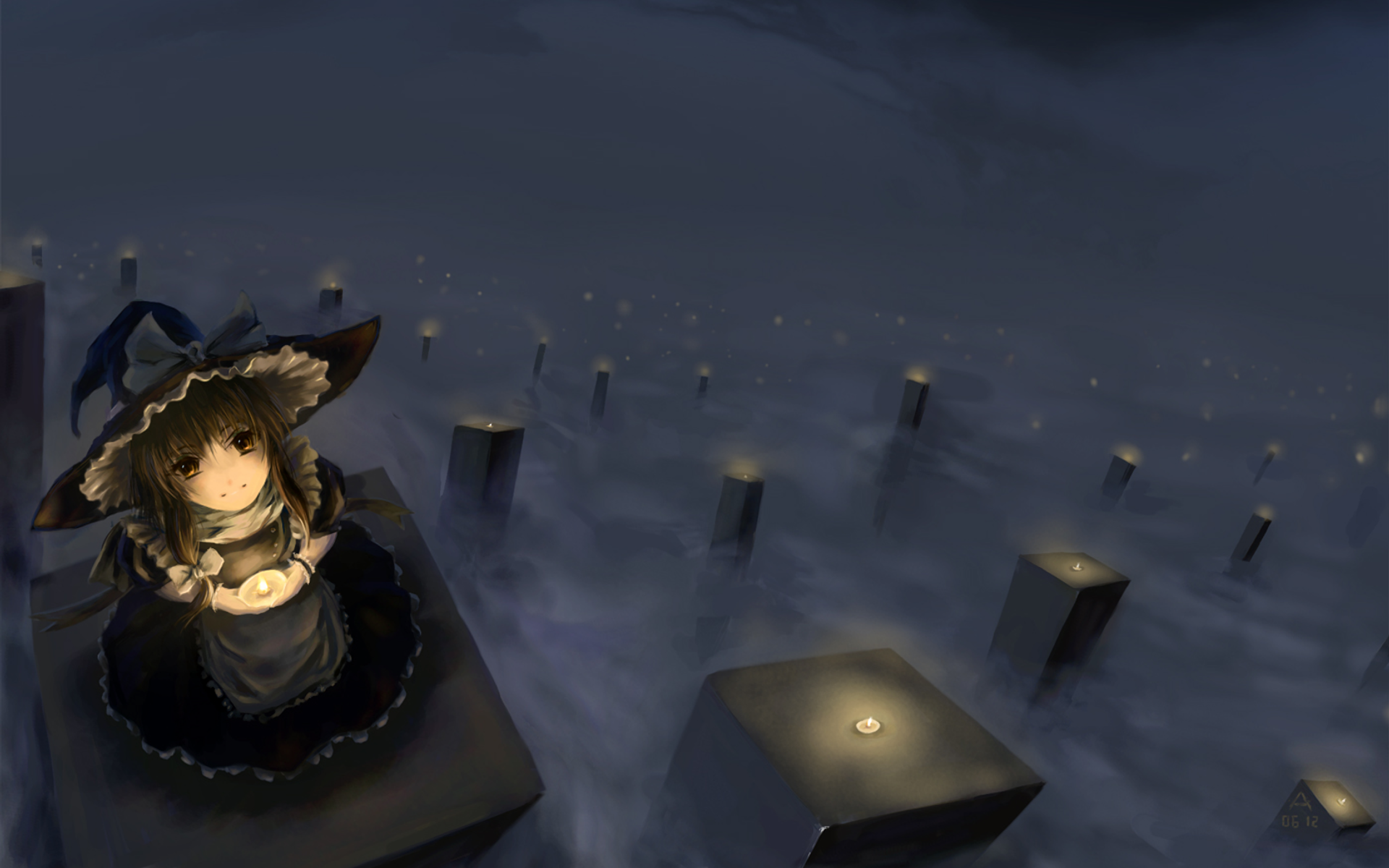 HD anime wallpaper featuring Marisa Kirisame from Touhou, standing on a platform surrounded by glowing pillars in a dark, misty environment.