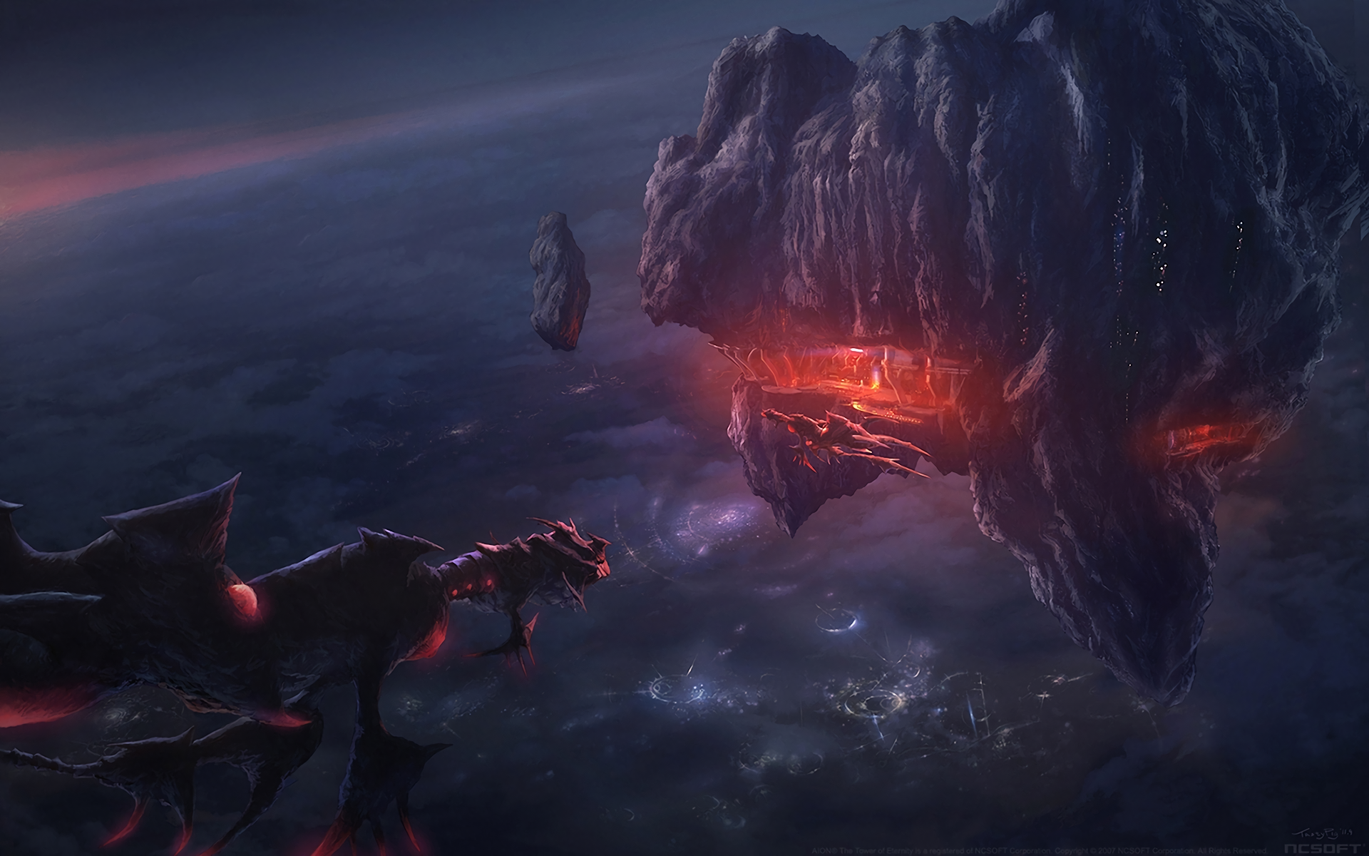 HD PC desktop wallpaper from the video game AION, depicting a dark, fiery celestial scene with a dragon-like creature and a glowing, volcanic asteroid.