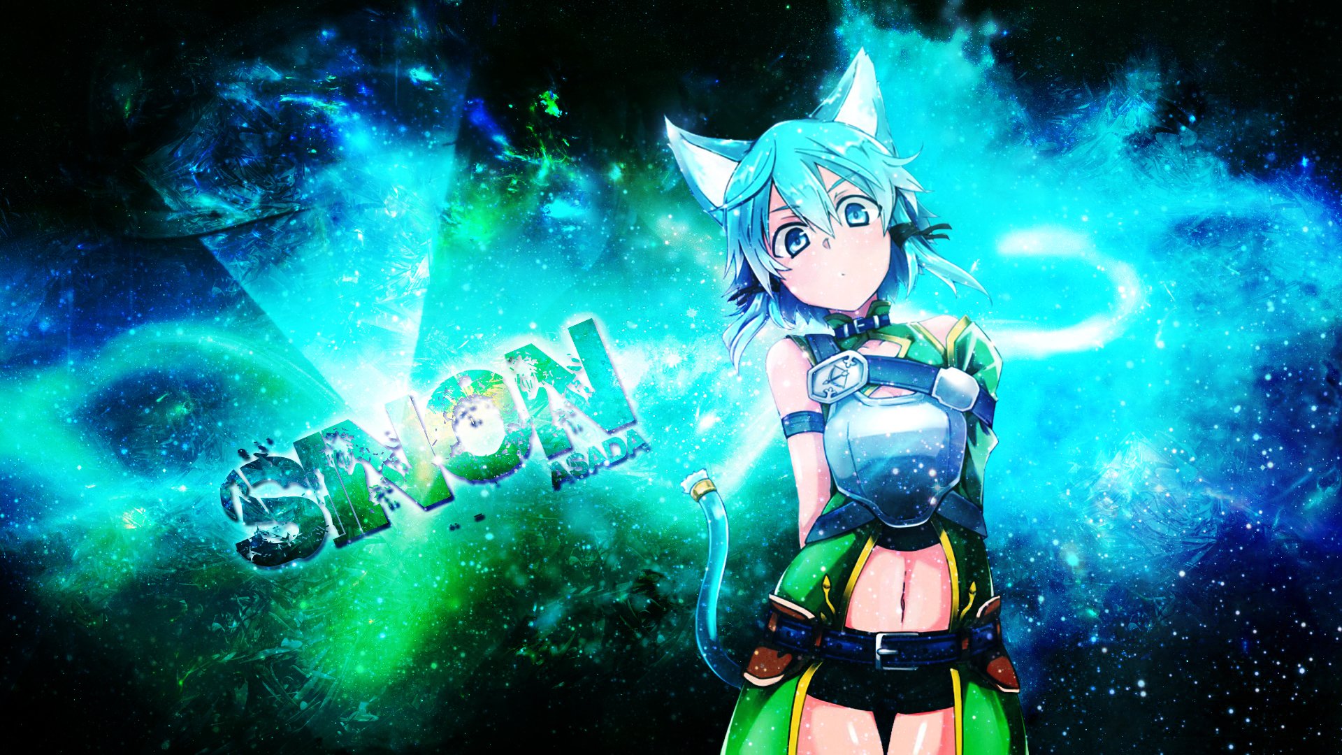 HD desktop wallpaper featuring Shino Asada from Sword Art Online II, showcasing her in a vibrant, cosmic-themed background with striking colors and dynamic effects.