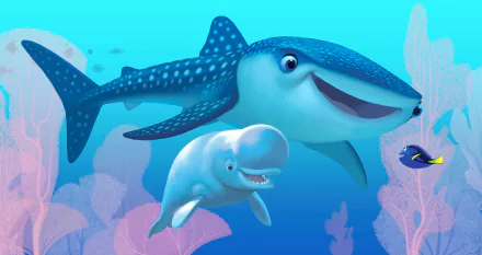 HD wallpaper featuring Bailey and Destiny from *Finding Dory*, along with Dory from *Finding Nemo*, set against a vibrant underwater background.